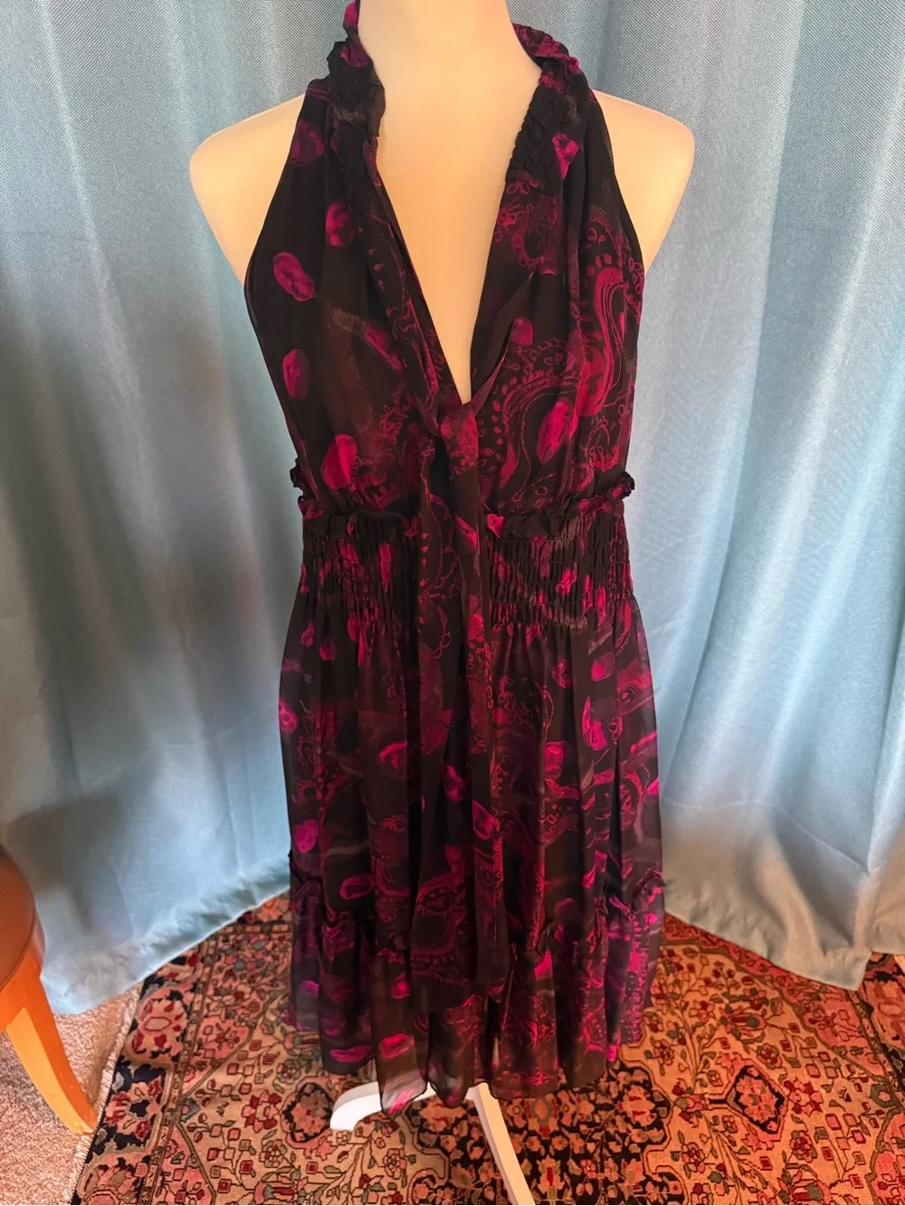 Diane von Furstenberg Silk Black and Magenta Midi Dress - Picture 2 of 6